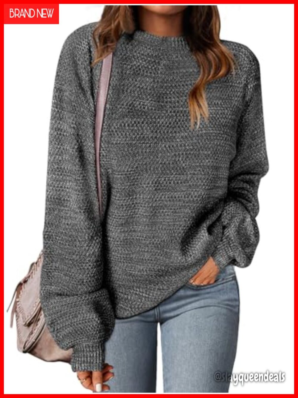 Heathered Knit Loose Pullover Sweater Lantern Sleeve Crew Neck Fall